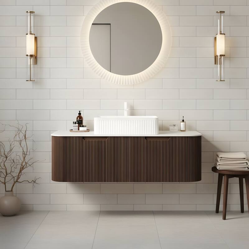 Wall Mounted Bathroom Vanity with White Rectangular Ceramic Basin - 48 - Dark Walnut