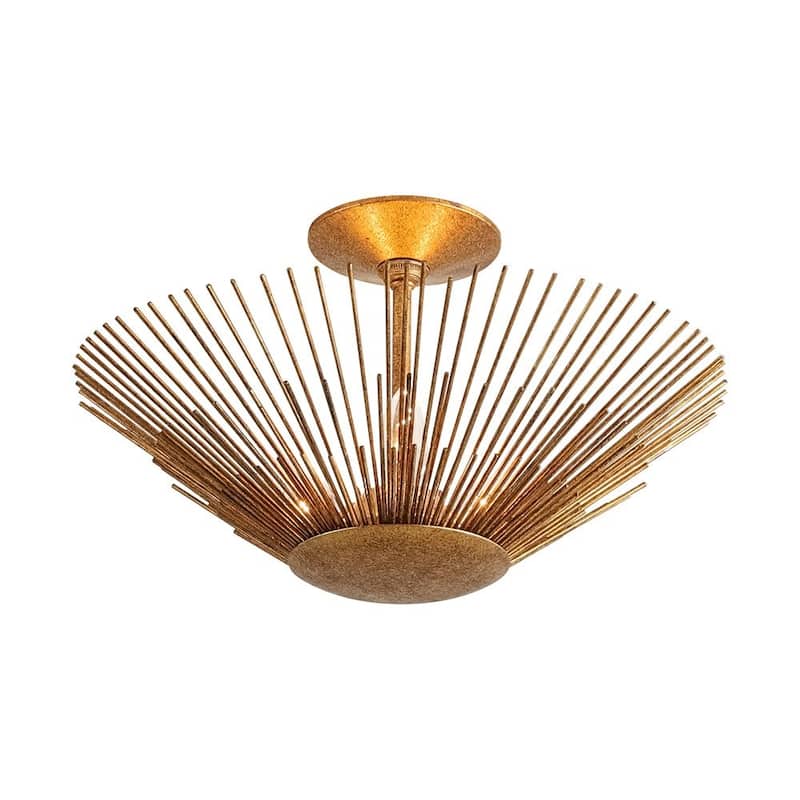 3-Light Vintage Luxe Gold Leaf Sunburst Semi Flush Ceiling Light