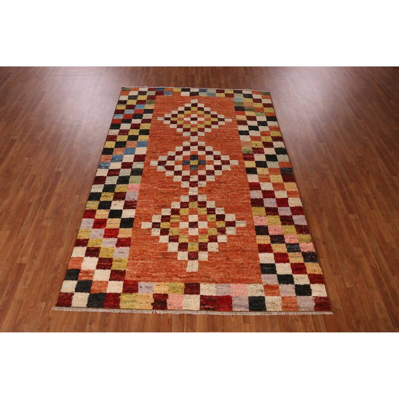 Checkered Orange Moroccan Oriental Rug Handmade Wool Carpet - 6'7" x 9'8"