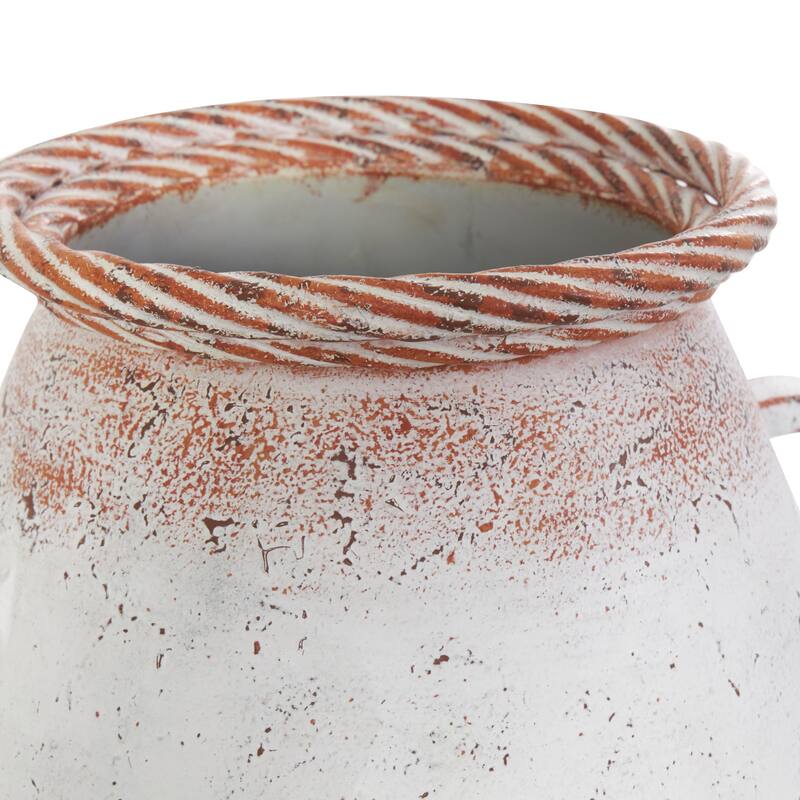 White Metal Vase with Antique Distressing and Terracotta Accents