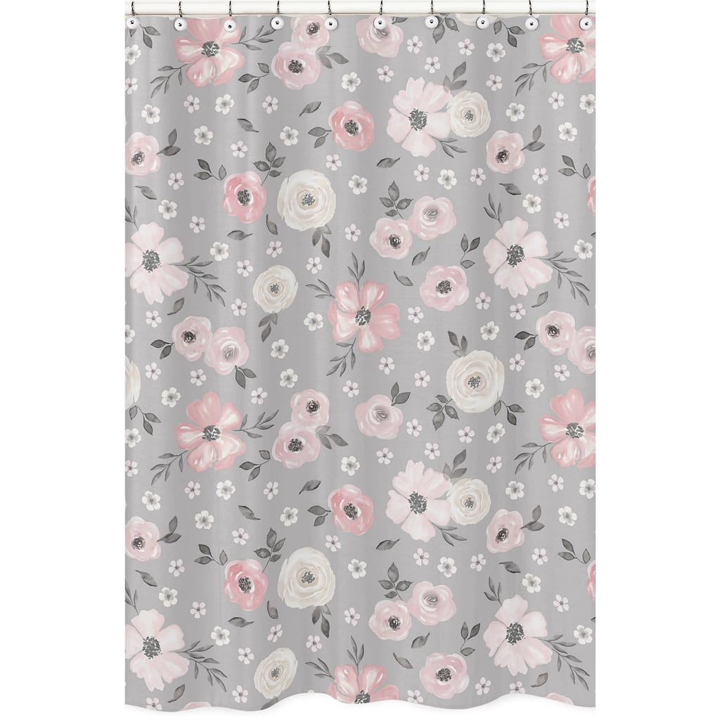 Grey Watercolor Floral Collection Bathroom Fabric Bath Shower Curtain - Blush Pink Gray White Shabby Chic Rose Flower Farmhouse