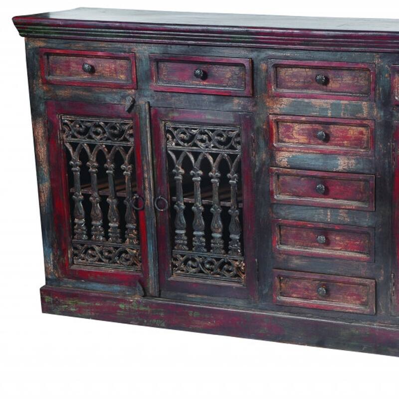 HomeRoots 90" Brown Solid Wood Nine Drawer Buffet Table with Four Doors - 90.00 in. x 44.00 in. x 16.00 in.