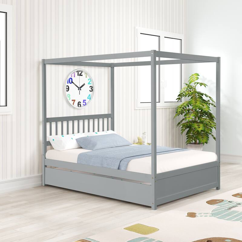 Full Size Wooden Canopy Bed Frame with Trundle Bed, Solid Wood Platform Bed Frame for Kids Teens Adults, No Box Spring Needed