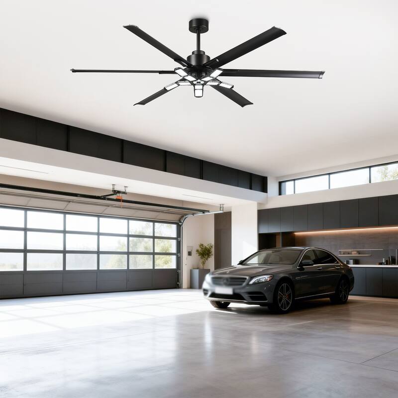 84" Industrial Matte Black Garage Large Ceiling Fan with Foldable LED Light and Remote