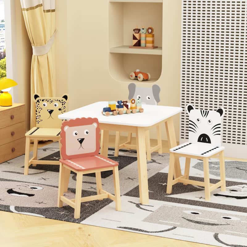 Anmytek 5-Piece Kids Table and Chair Set with Animal Themed Chairs, Solid Wood Children's Furniture for Playroom