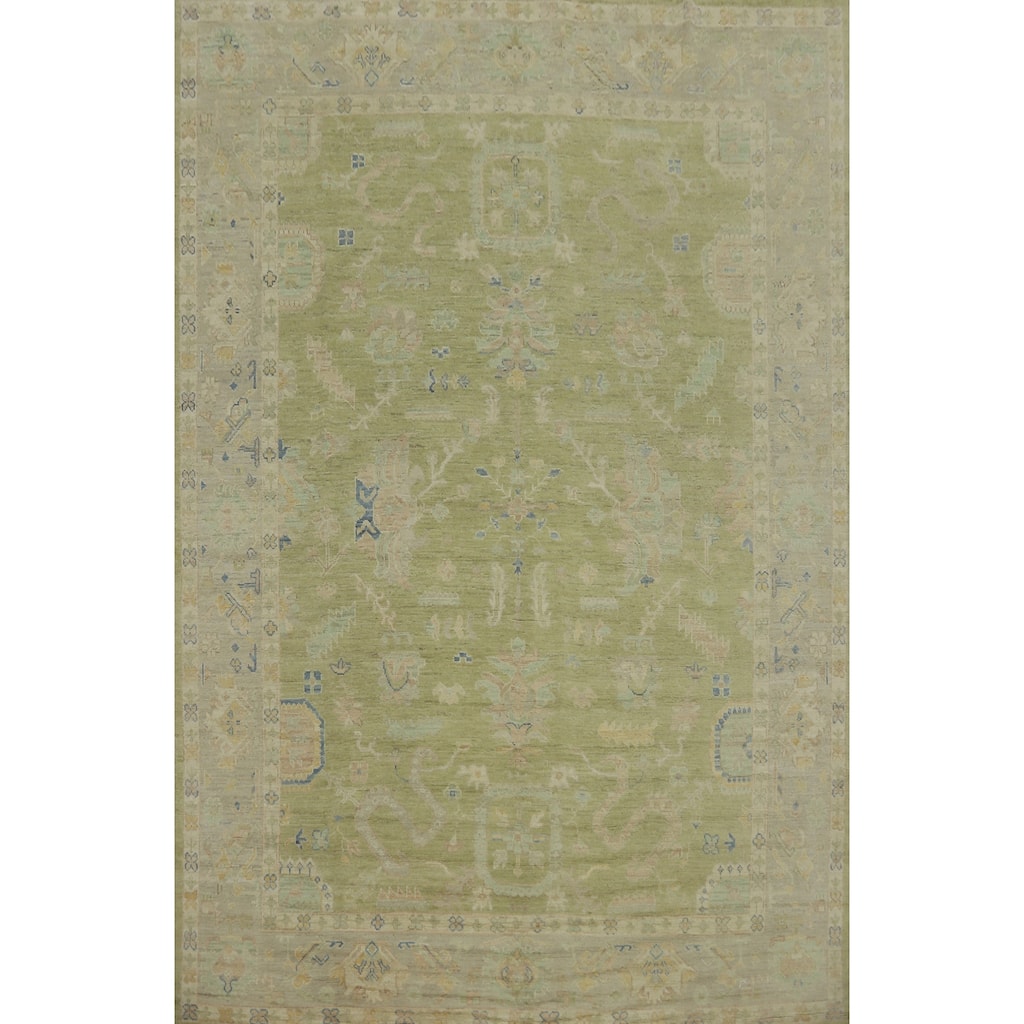 Vegetable Dye Green Oushak Turkish Area Rug, Floral Geometric Carpet - 11' 9'' X 9' 1''