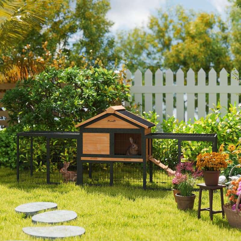 PawHut Rabbit Hutch Outdoor, 85" Large Wooden Bunny Cage with Steel Run, Removable No Leakage Tray - N/A