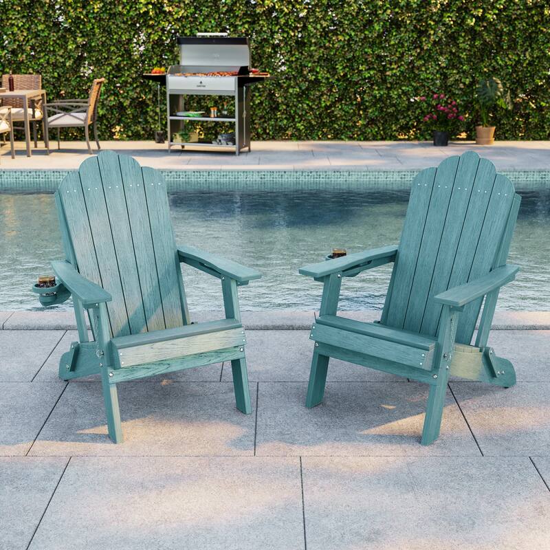 Foldable HDPE Adirondack Chair All-Weather W/ Cup Holder - LakeBlue - 2-Piece