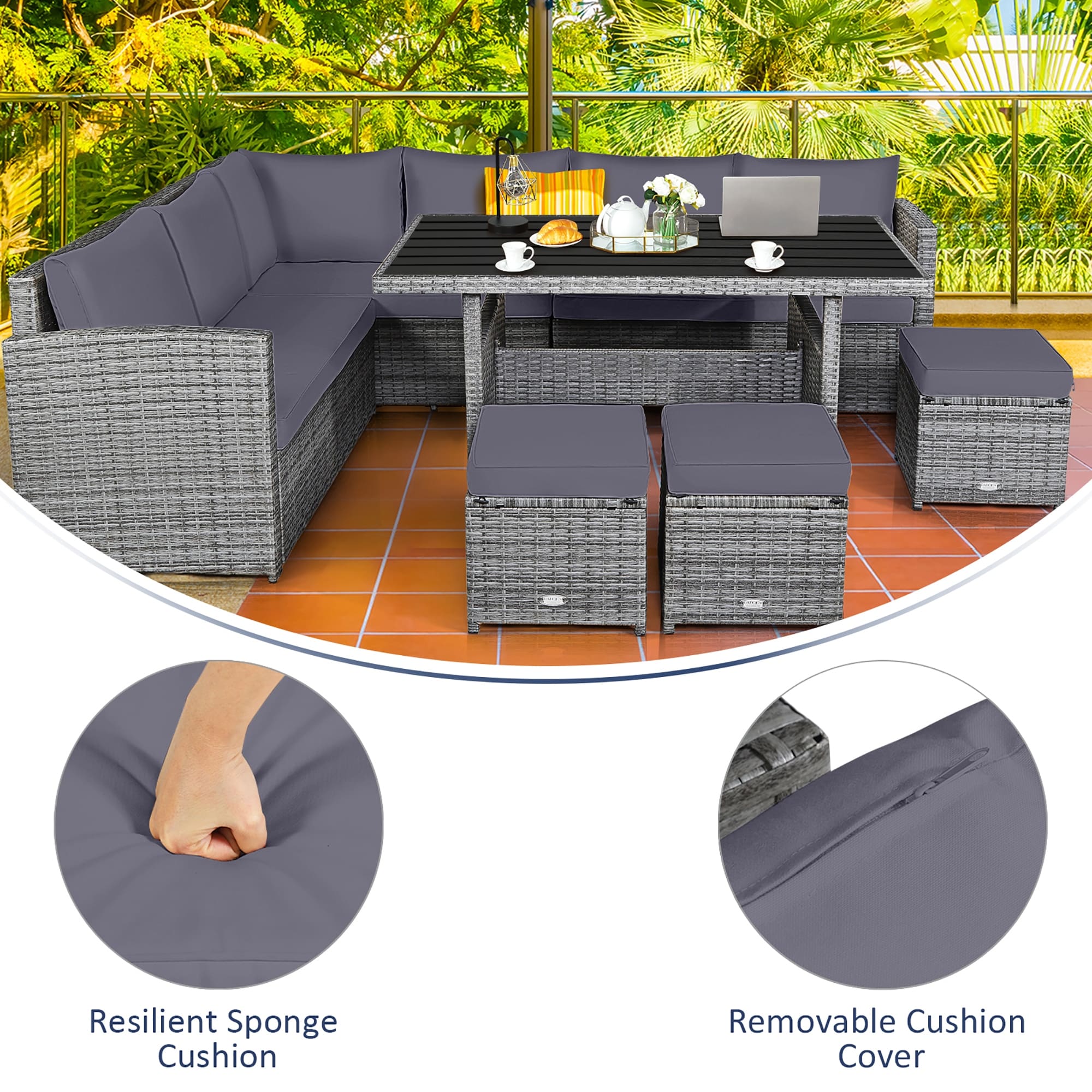 Costway 7 PCS Patio Rattan Dining Set Sectional Sofa Couch Ottoman