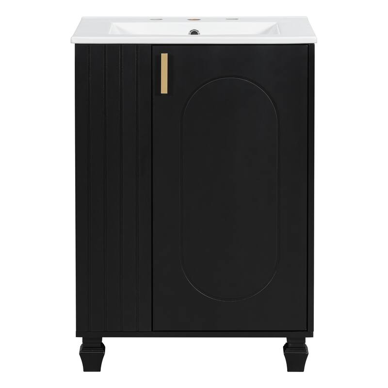 24" Bathroom Vanity with Ceramic Sink, Soft Closing Door and Side Open Storage, Solid Wood Frame Bathroom Cabinet
