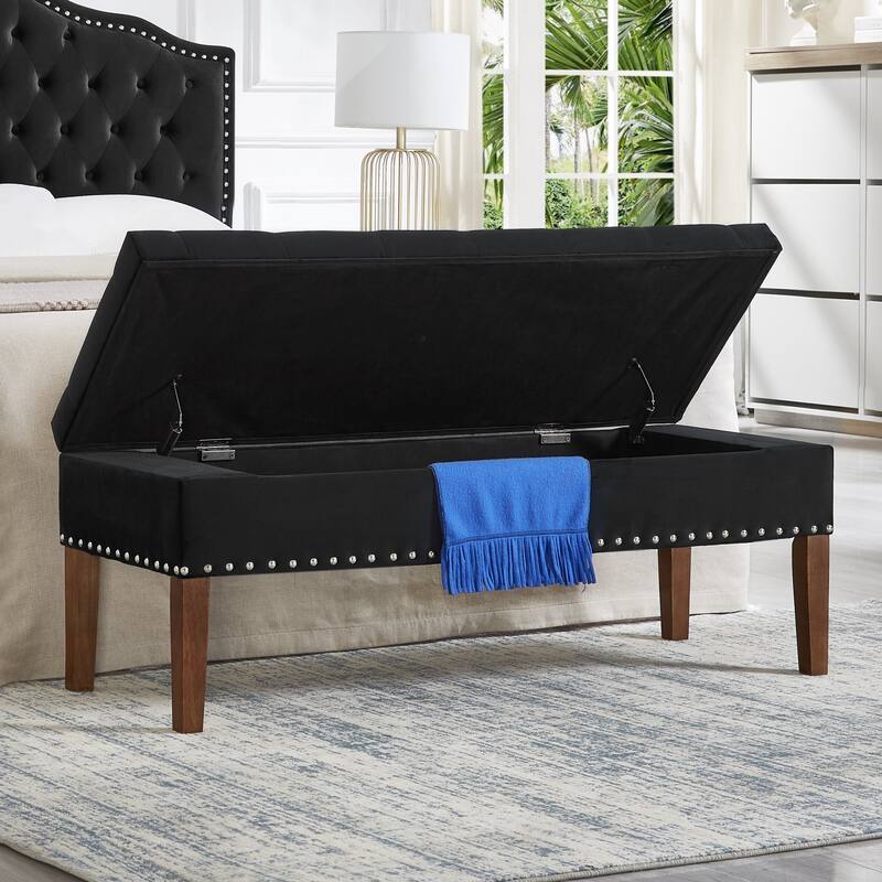 Storage Bench Leisure Bench Window Bench with Wood Legs, Dining Bench Lounge Bench with Nailhead Trim - Black