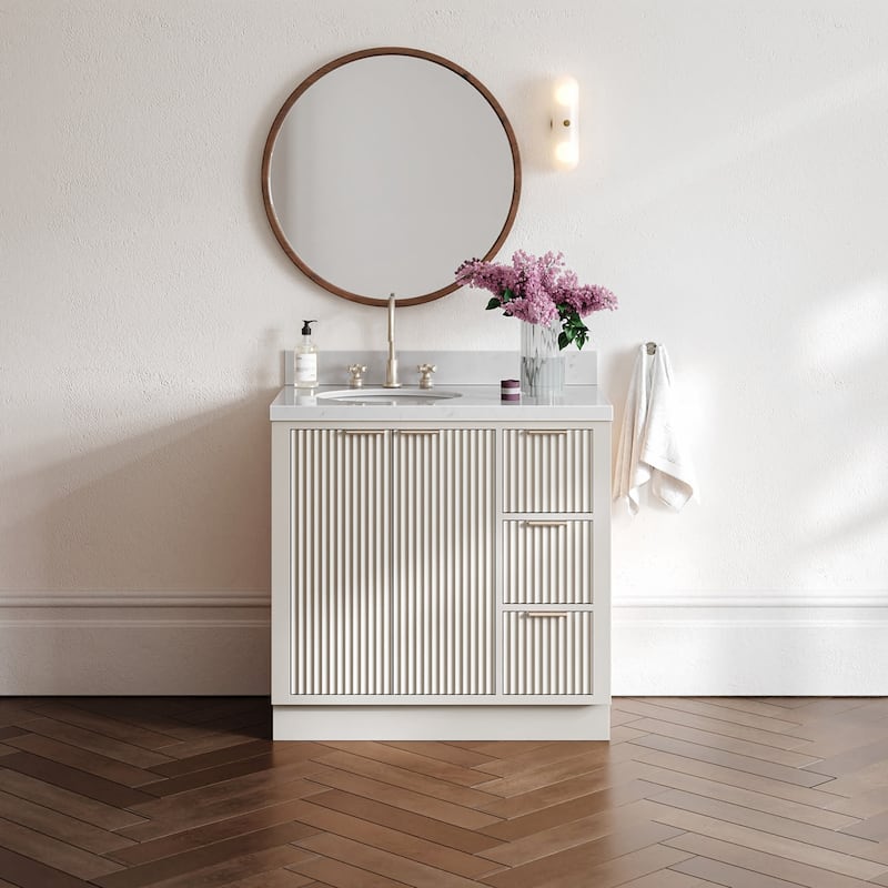 Ariel P36LCQOVO Milan 36" Free Standing Single Basin Vanity Set with - Warm White / Carrara White Quartz Top / Brushed