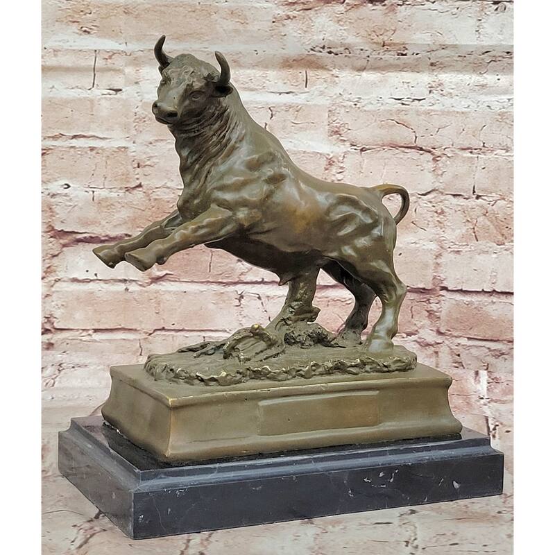 Charging Rearing Imitative Bull Bronze Sculpture On Marble Base Signed Milo