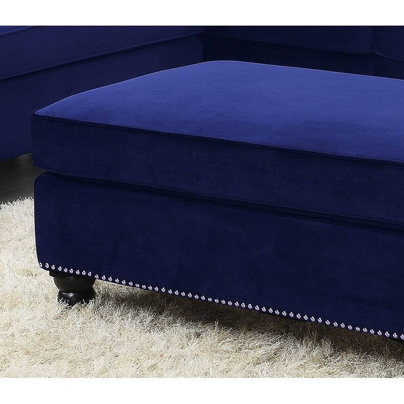 Living Room XL Cocktail Ottoman Indigo Velvet Accent Studding Trim Wooden Legs