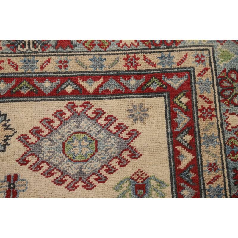 Geometric Beige Kazak Area Rug Handmade Wool Carpet - 5'1" x 6'4"