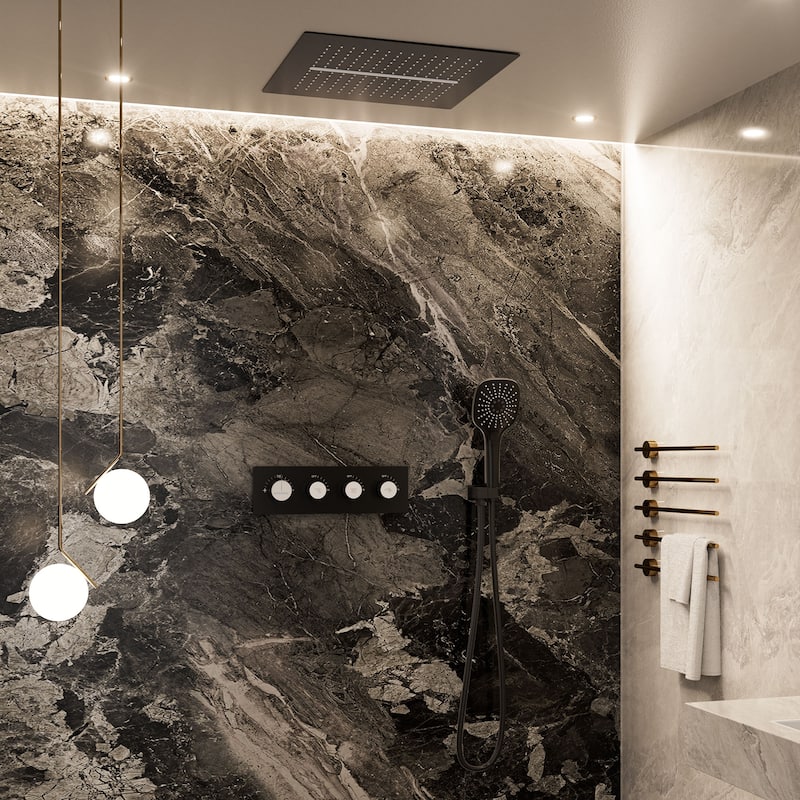 Luxury Thermostatic Shower System 5-Spray Patterns 16" Ceiling Mount Fixed and Handheld Shower Head - 15.7" x 15.7"
