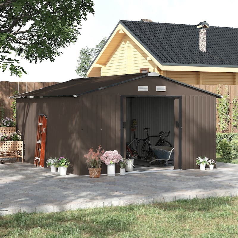 Outsunny 11' x 12.6' Outdoor Storage Shed Organizer, Garden Tool house with Floor Foundation, 4 Vents and 2 Easy Sliding Doors
