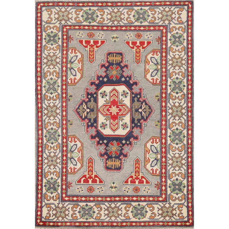 Traditional Grey Kazak Foyer Rug Hand-Knotted Wool Carpet - 3'2" x 4'11"