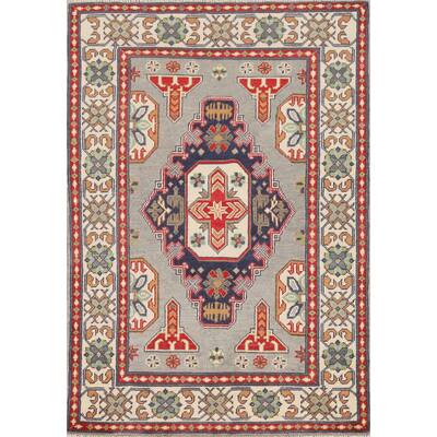 Traditional Grey Kazak Foyer Rug Hand-Knotted Wool Carpet - 3'2" x 4'11"