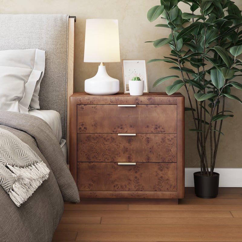 COZAYH Burl Finish Nightstand, Rustic Farmhouse Dresser, Vintage Accent Wood Storage Bedside Table, Fully Assembled - Dark Brown - 3-drawer