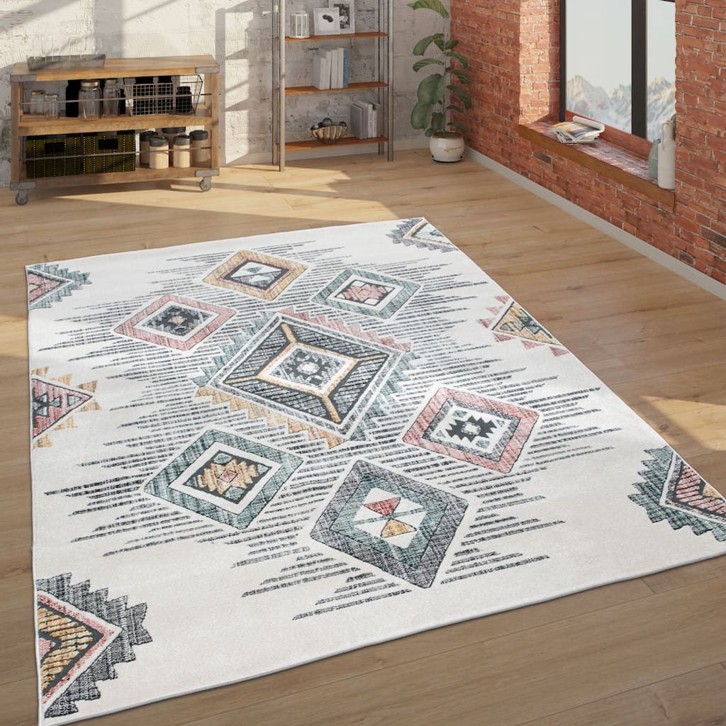 Modern Rug Ethnic Design with colorful pattern, 3D Effect in cream