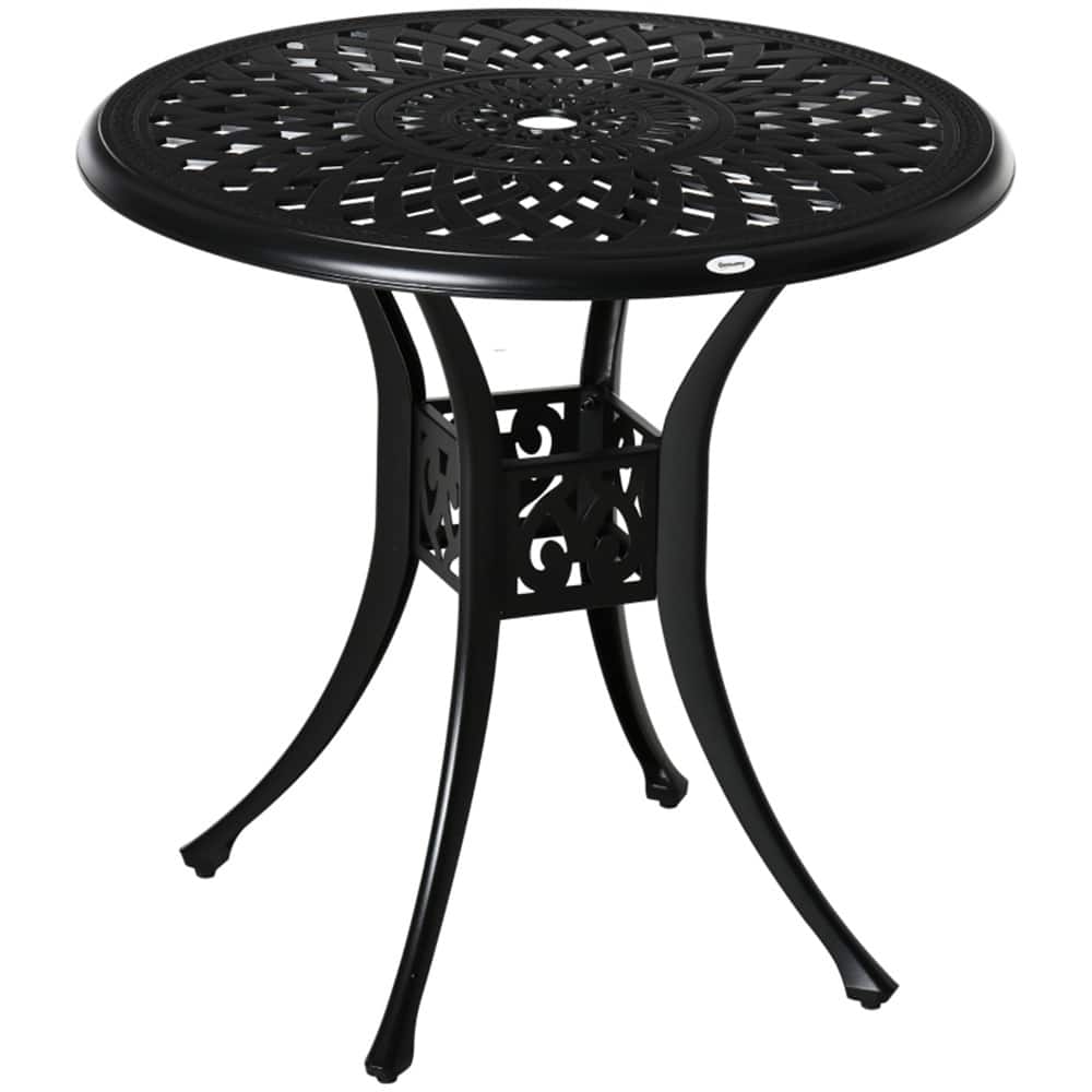 Black Cast Aluminum Outdoor Bistro Coffee Table with Umbrella Hole - 30.75" x 29.25" H