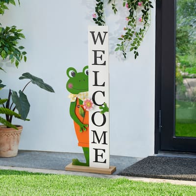 Glitzhome 36"H Wooden Frog Welcome Porch Decor for Outdoor and Indoor