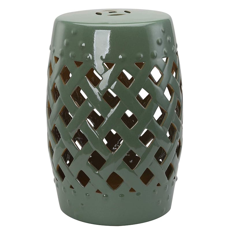 Outsunny 13" Heavy Duty Multi-Use Ceramic Garden Stool / Round Side Table / Foot Rest with Lattice Ring Design Green