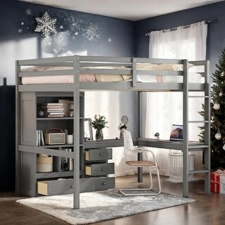 High Full Loft Bed with Desk, Storage Shelves and Drawers, Guardrails, Grey