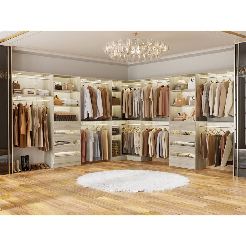 Set of 3 Closet Organizer with 10 Hanging Rods, Adjustable 132'' Corner Closet System with Tower Shelves - Washed Oak
