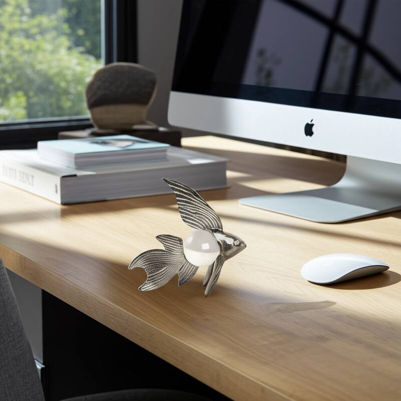 Metal Fish with Acrylic Ball Decorative Figurine - Silver - 9.5" x 3.5" x 9"