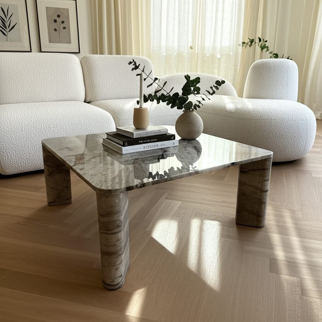 Marble Coffee Table Modern Square Rounded Corners - 17" Gray White - 40.0"