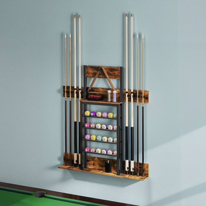 Moasis Pool Stick Holder Wall Mount Holds 8 Cue Sticks & 24 Balls