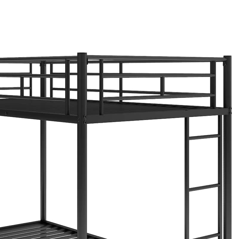 Twin over Twin Size Metal Bunk Bed with Trundle, Ladder and Fence for Bedroom