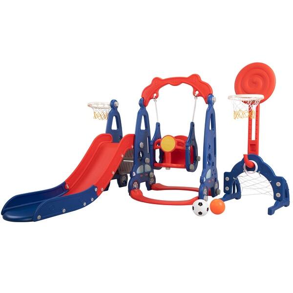 slide 2 of 16, 5 in 1 Slide and Swing Playing Set, Toddler Extra-Long Slide with 2 Basketball Hoops, Football, Ringtoss, Indoor Outdoor Red