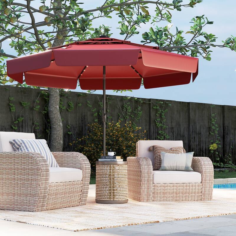 10FT Polyester Patio Umbrella with Solar Lights and Tilt Crank 3-Tier Vented Shade for Backyard - Red