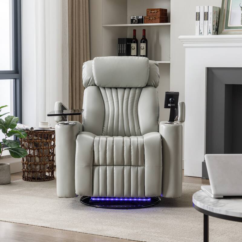 270° Swivel Home Theater Seat with LED Lights, Hidden Arm Storage, Tray Table & Phone Stand, Cup Holders, USB Port