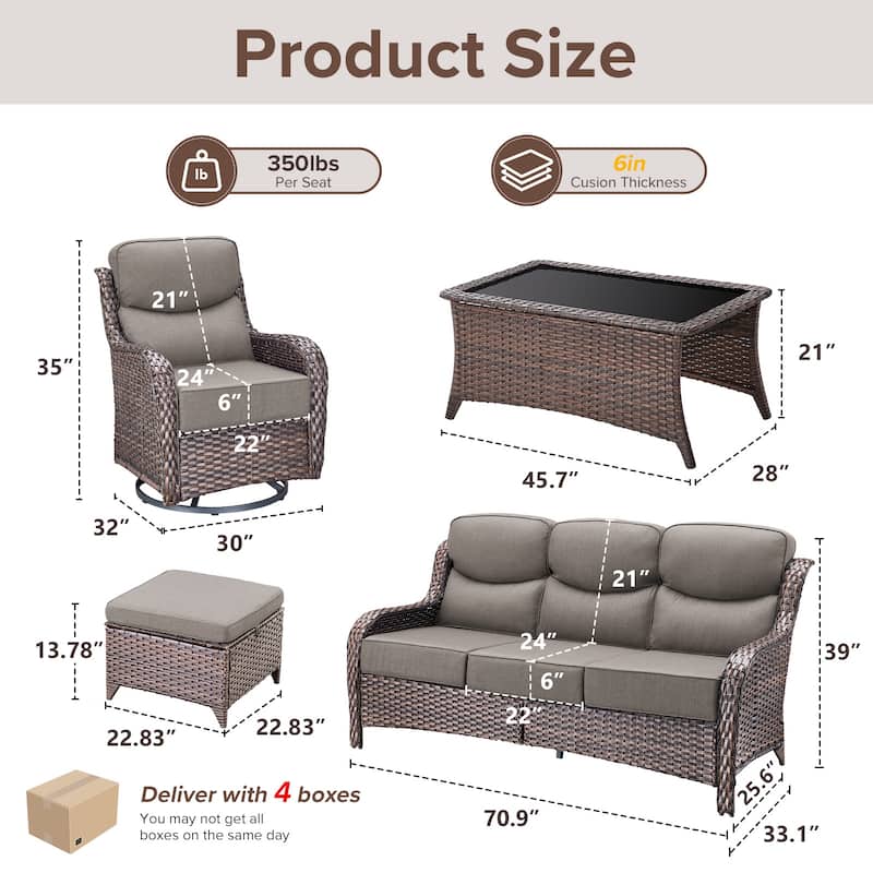 Gymojoy 6-Piece Patio Furniture Set with Swivel Glider Chairs, 6-Inch Ultra-Plush Cushions & Water-Resistant Olefin Fabric