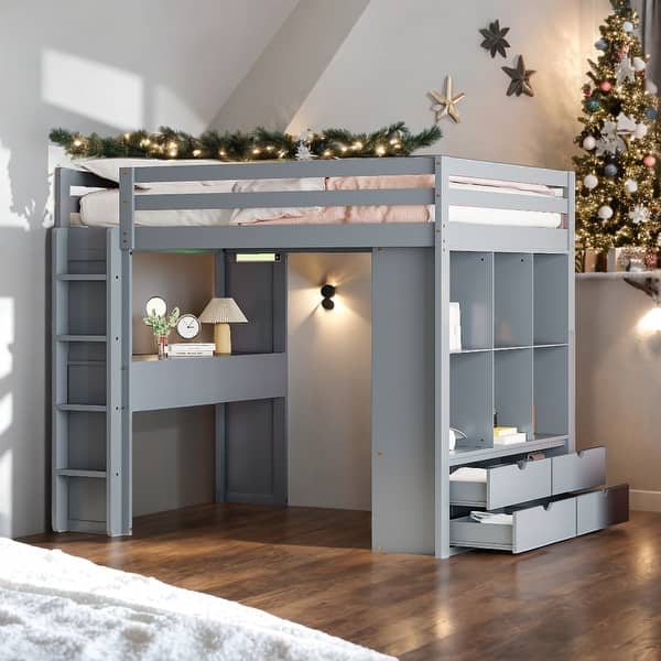 slide 2 of 8, Full Size Loft Bed With Large Shelves,Writing Desk and LED Light for Home Grey