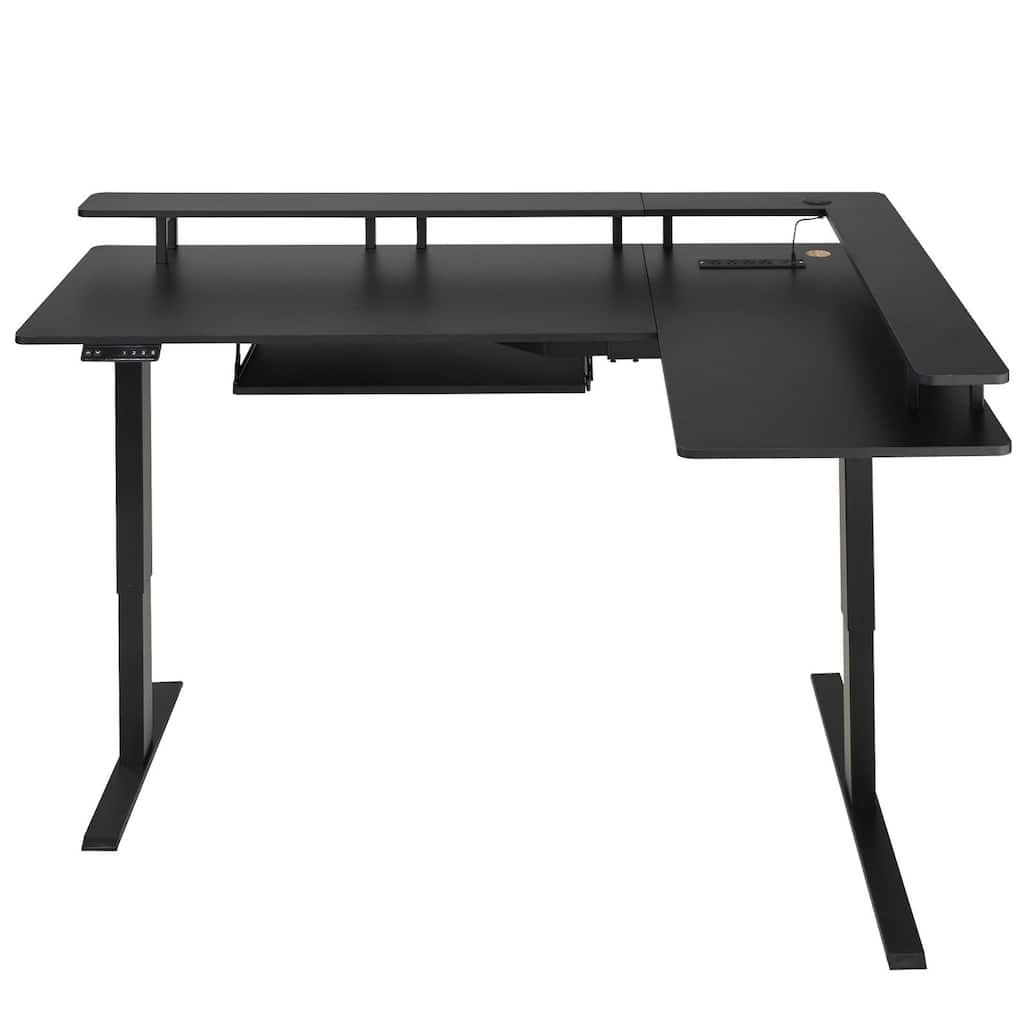 Black Particleboard L-Shaped Electric Height Adjustable Desk with LED Strip and Power Ports