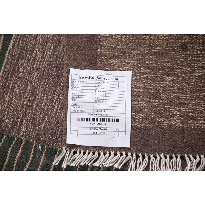 Striped Brown/ Green Kilim Oriental Area Rug Flatweave Wool Carpet - 3'5"x 5'1"