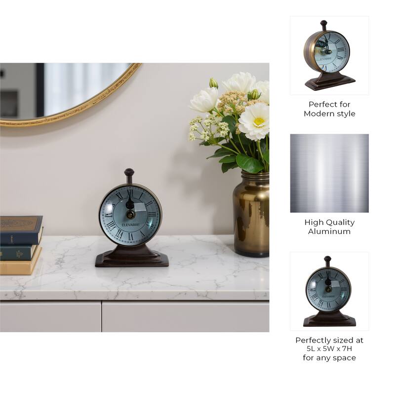 Metal Glass Desk Clock with Glass Lens and Roman Numerals Face on Base - 5" x 5" x 7"