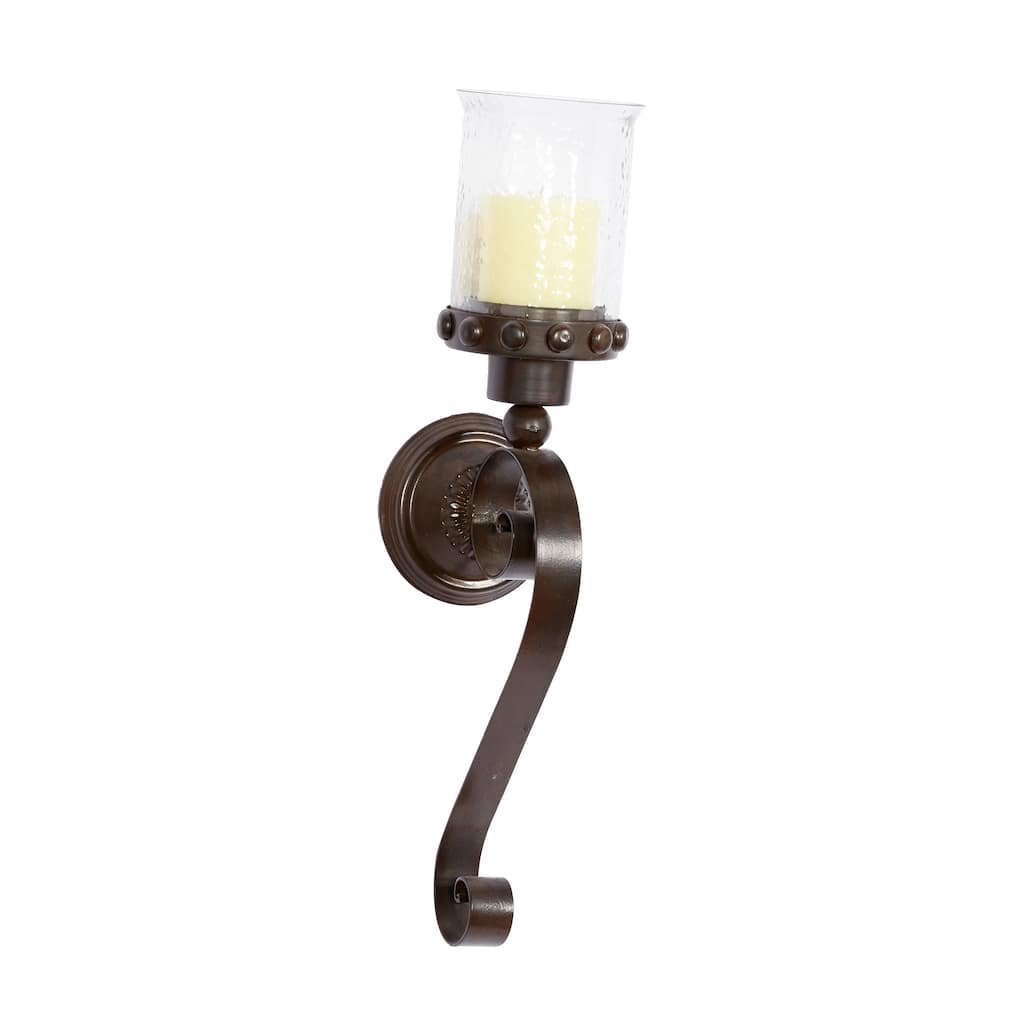 Metal Scroll Studded Pillar Wall Sconce - Brown - Roche River Decor - 5"W x 6"L x 20"H