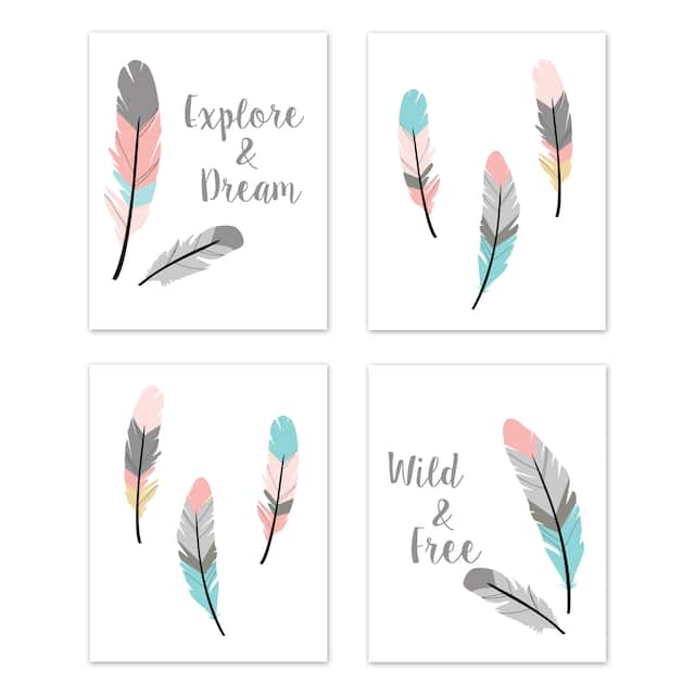 Sweet Jojo Designs Turquoise Coral Boho Feather Collection Wall Decor Art Prints (Set of 4) - Explore Dream, Wild Free