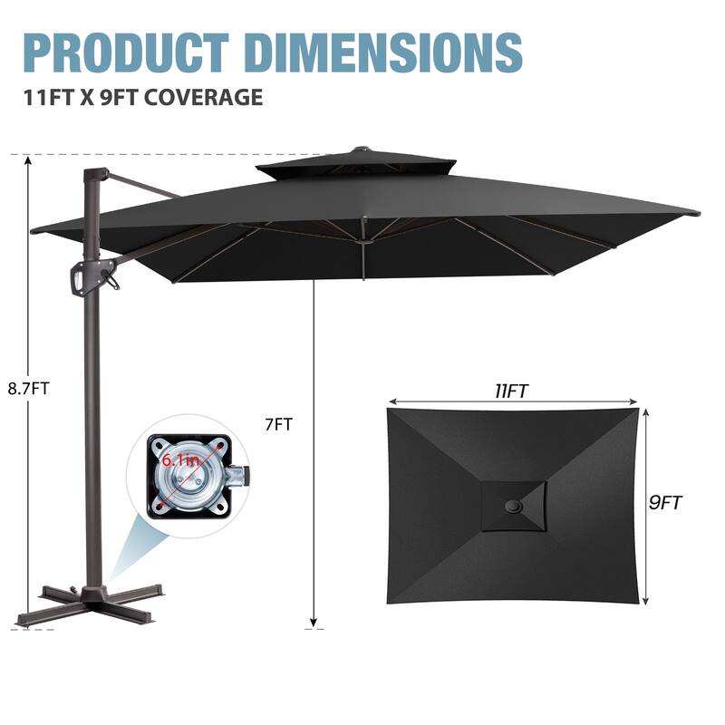 VredHom Outdoor 9x11FT Patio Dual Top Cantilever Offset Umbrella