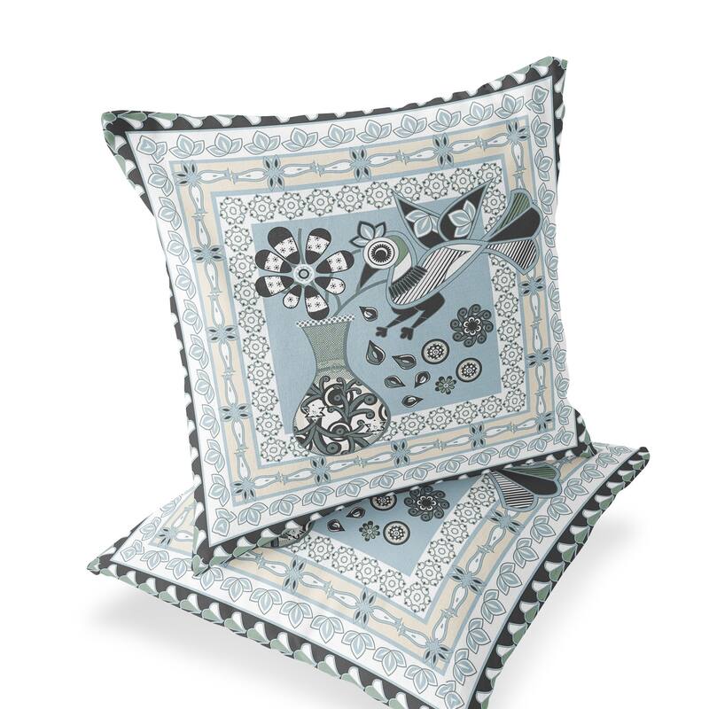 HomeRoots Set of Two 16" X 16" Blue and Black Peacock Blown Seam Floral Indoor Outdoor Throw Pillow - 16.00' X '16.00' X '5.00