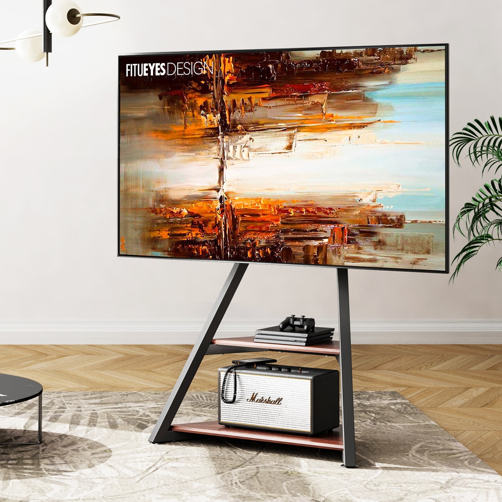 FITUEYES Corner Tripod TV Stand for TVs up to 65 Inch, Modern Easel TV Display  Stand with Concealed Storage 