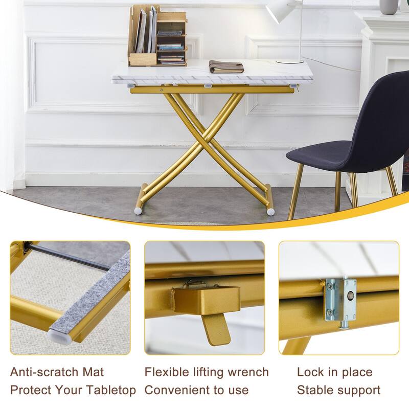 Modern Lift Table With 0.8-Inch Wood-Textured MDF Top & Black Metal Legs; Functions As Dressing, Coffee, Dining, Or Office Desk.