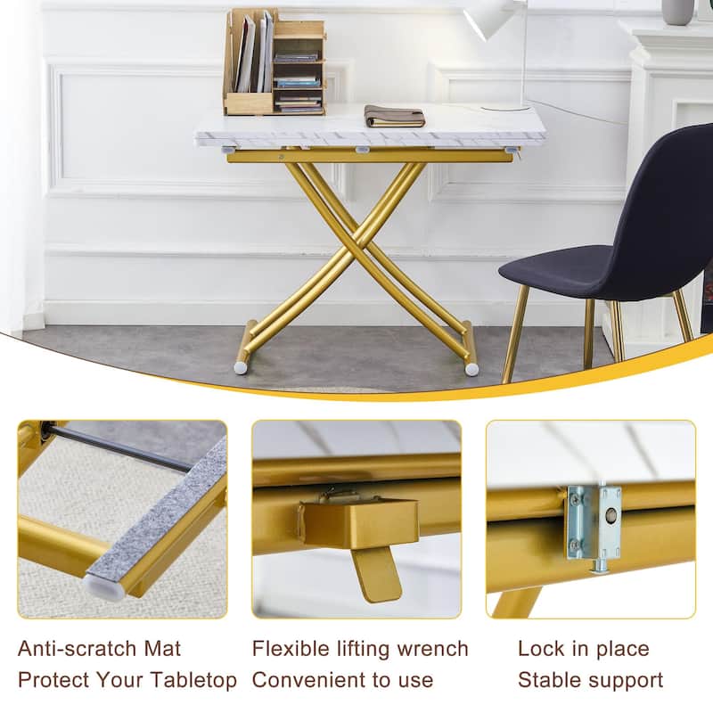 Modern minimalist multifunctional lift table with 0.8 inch thick MDF desktop and golden metal legs,coffee table