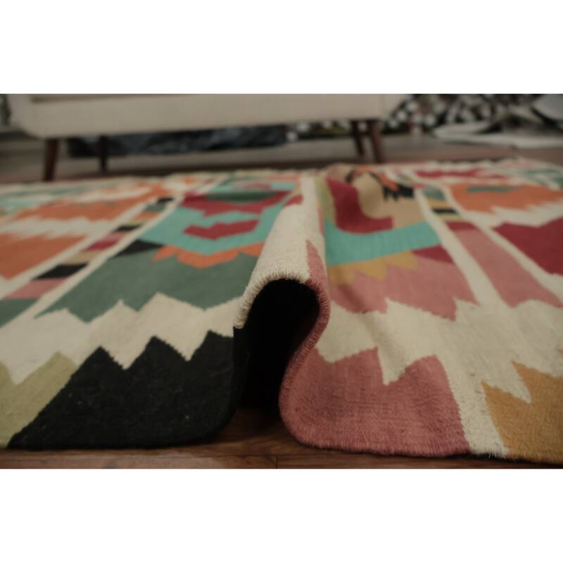 Hand Woven Oriental 100% Wool Carpet Southwestern Tribal Multi-Colored Kilim Area Rug - 7' 11'' X 5' 10''